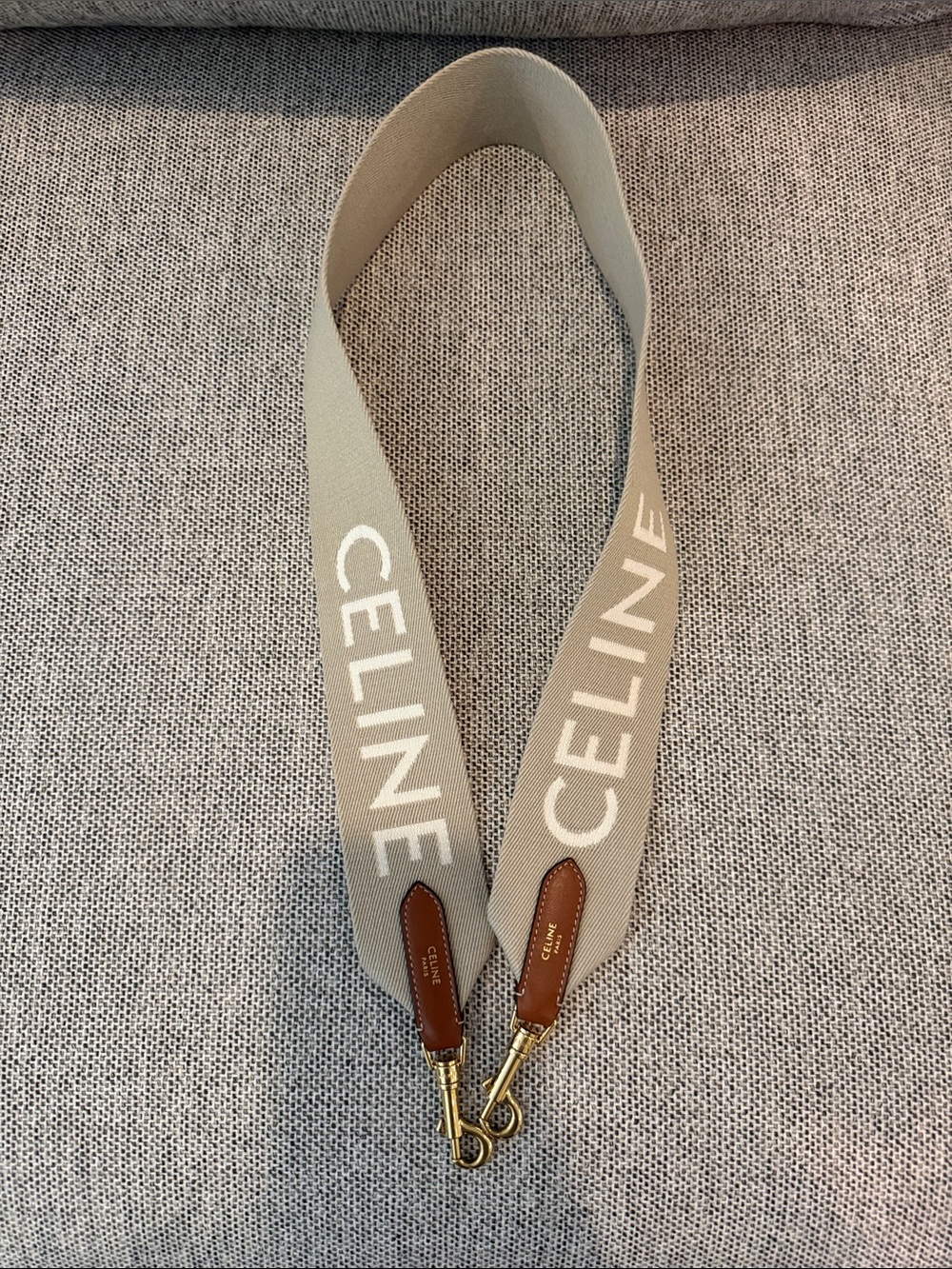 Celine Beige Logo Webbing Strap with Brown Leather & Gold Hardware